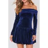 Vici Collection Hostess Off The Shoulder Long Sleeve Velvet Minidress In Blue