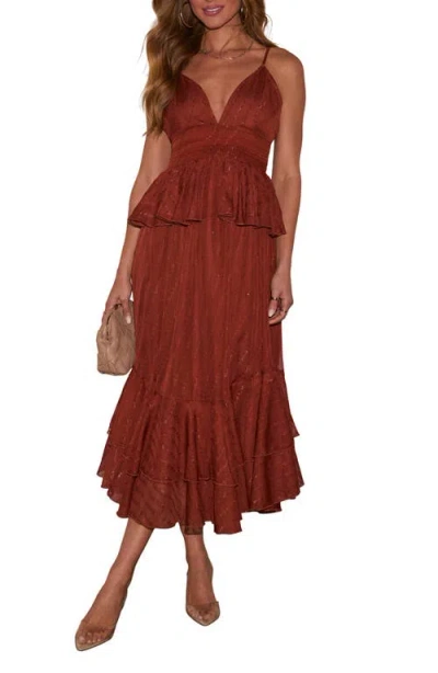Vici Collection Love Waist Metallic Ruffle Sleeveless Maxi Dress In Rust
