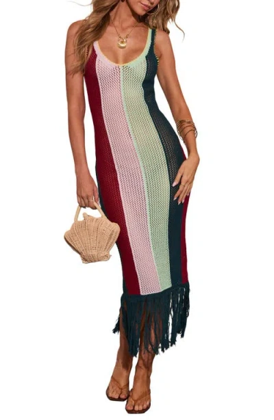 Vici Collection Marrion Stripe Open Stitch Fringe Midi Dress In Multi