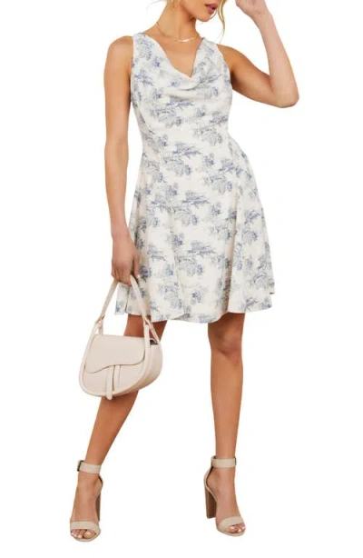 Vici Collection Marybeth Toile Print Cowl Neck Minidress In Ivory/ Blue