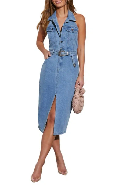 Vici Collection Montana Belted Denim Halter Dress In Medium Wash