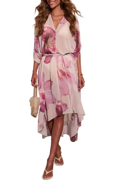 Vici Collection Paradise Blossom Floral Print High/low Maxi Dress In Cream/pink