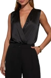 Vici Collection Phoenix Plunge Surplice Neck Satin Bodysuit In Black