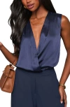 Vici Collection Phoenix Plunge Surplice Neck Satin Bodysuit In Midnight Blue