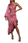 Vici Collection Right Moment One-shoulder Cutout Asymmetric Midi Dress In Burgundy/floral