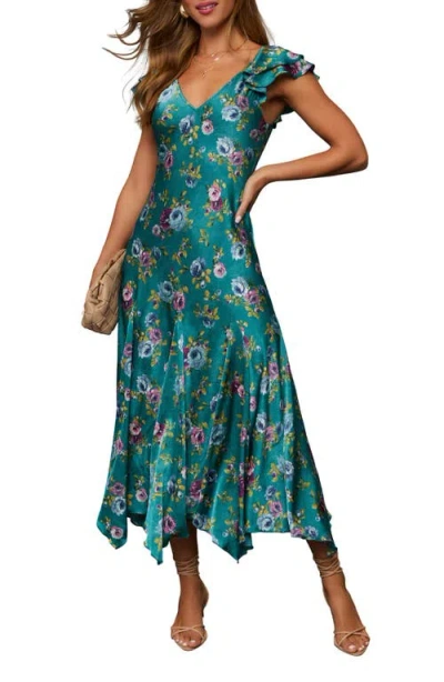Vici Collection Sweet Feeling Floral Satin A-line Dress In Teal Multi