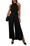 Vici Collection Sweet Spell Belted Halter Satin Jumpsuit In Black
