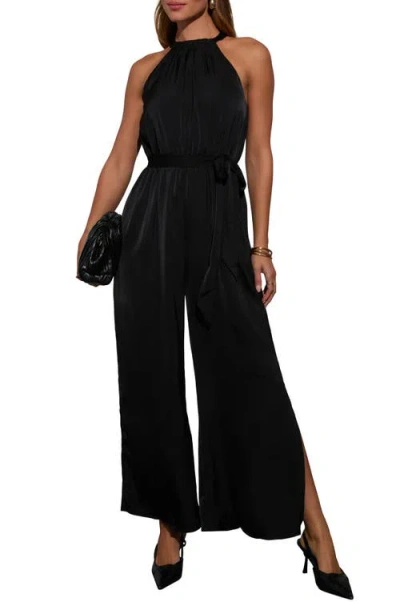Vici Collection Sweet Spell Belted Halter Satin Jumpsuit In Black