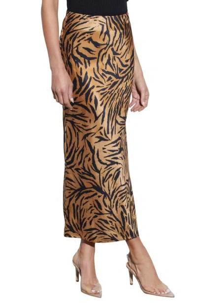 Vici Collection Tahiti Animal Print Satin Maxi Skirt In Tan/ Black