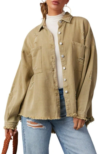 Vici Collection Thinking Out Loud Distressed Denim Shirt Jacket In Sage