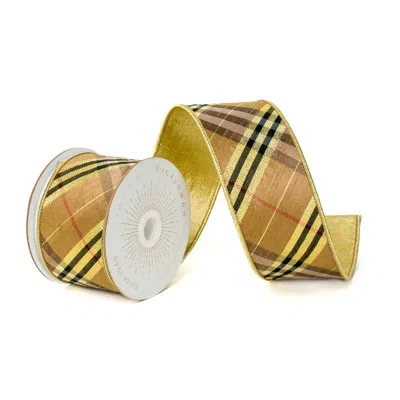 Vickerman 10 Yds Gold And Black Diagonal Plaid With Gold Trim/backing Ribbon.
