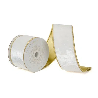 Vickerman 10 Yds Shiny Velvet With Gold Trim/backing Ribbon. In Ivory