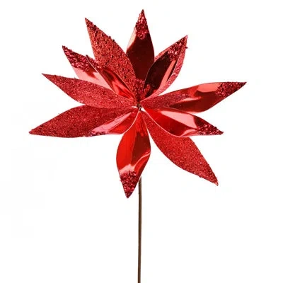 Vickerman 13" Shiny Glitter Poinsettia Spray In Red