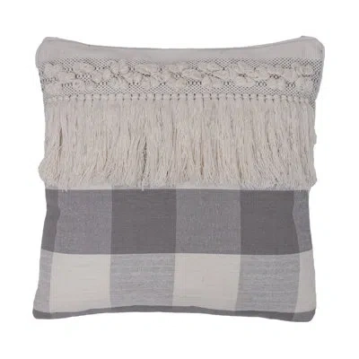 Vickerman 18" X 18" Grey Plaid With Fringe Cotton Pillow In Gray