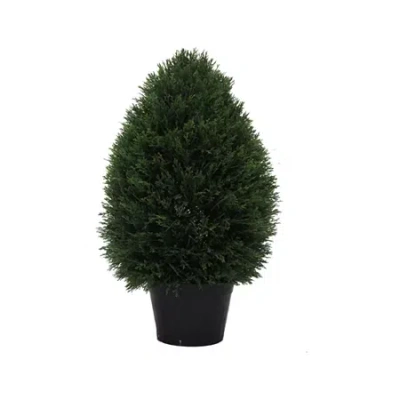 Vickerman 24"hx15"d Cedar Teardrop Shaped Bush Ina Black Planters Pot Uv Resistant" In Green