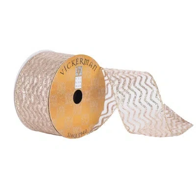 Vickerman 2.5" X 10 Yards Champagne Sheer With Glitter Chevron Wired Christmas Ribbon