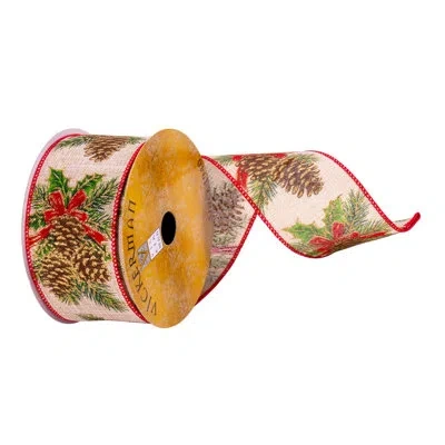 Vickerman 2.5" X 10 Yards Cream Pinecone And Red Bow Ribbon
