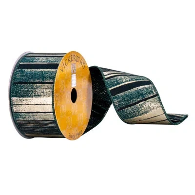 Vickerman 2.5" X 10 Yards Green And Gold Abstract Lines Ribbon