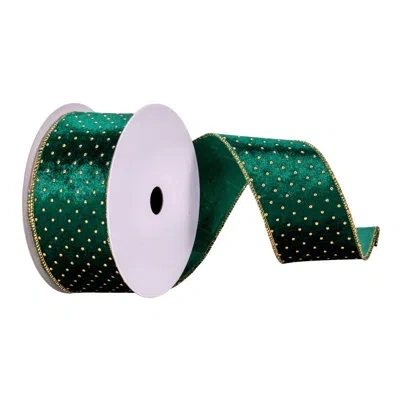 Vickerman 2.5" X 10 Yards Green With Gold Dots Ribbon