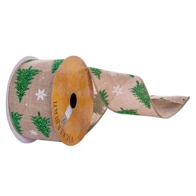 Vickerman 2.5" X 10 Yards Natural Brown Green Glitter Tree Ribbon.