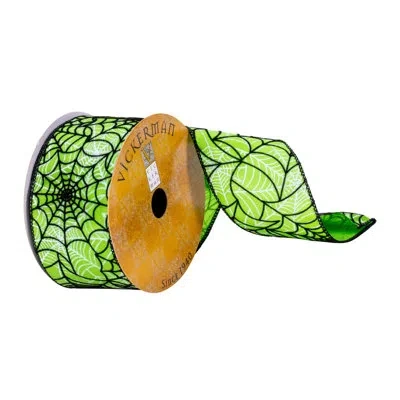 Vickerman 2.5" X 10 Yards Orange And Black Spider Web Ribbon In Green