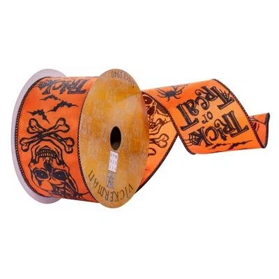 Vickerman 2.5" X 10 Yards Orange Skull And Spiderweb Ribbon.