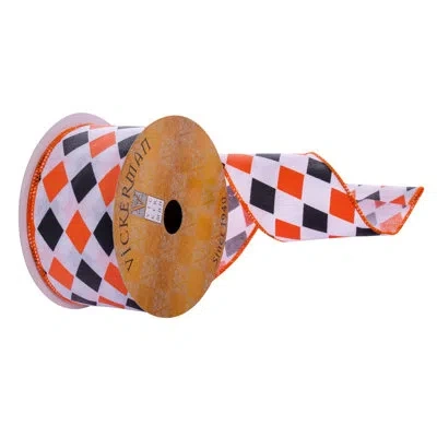 Vickerman 2.5" X 10 Yards White Orange Black Diamond Ribbon.