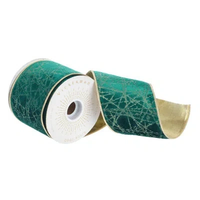 Vickerman 4" X 10 Yards Dark Green/gold Lines Wired Edge Christmas Ribbon.