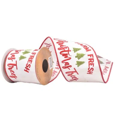Vickerman 4" X 10 Yards White Farm Fresh Trees Wired Edge Christmas Ribbon.