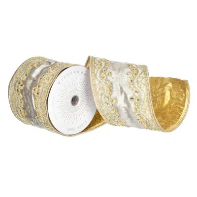 Vickerman 4" X 5 Yards Champagne With Gold Embroidery Two-sided Wired Edge Christmas Ribbon.