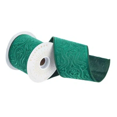 Vickerman 4" X 5 Yards Teal Green Embroidery Wired Edge Christmas Ribbon.