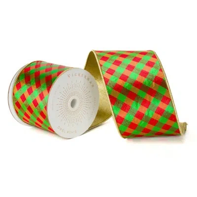 Vickerman 4"x10 Yds Diagonal Check Gold Trim/backing Ribbon. In Red,green,gold