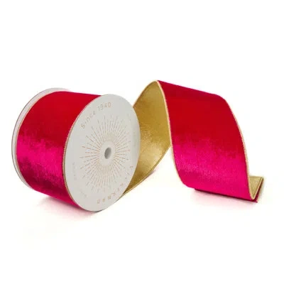 Vickerman 4"x10 Yds Shiny Velvet With Gold Trim/backing Ribbon. In Hot Pink