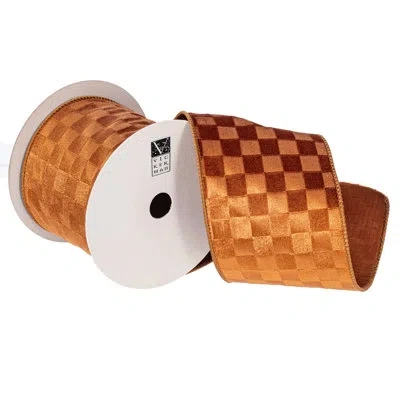Vickerman 4"x10yd Velvet Checkered Satin Back Ribbon. Crafted From Polyester, Measuring 4 Inches In Width And  In Mocha