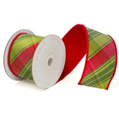 Vickerman Red And Green Diagonal Plaid With Red Dupion Backing Ribbon.