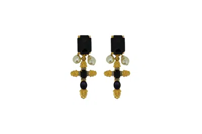 Vickisarge Women's Gold / Black The Black Cross Earrings