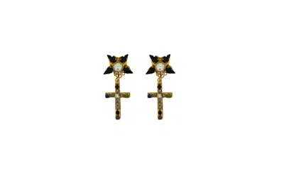 Vickisarge Women's Gold / Black The Small Cross Earrings - Clip In Multi
