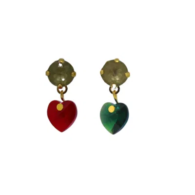 Vickisarge Women's Gold / Red Yuletide Red Crystal Heart Drop Earrings