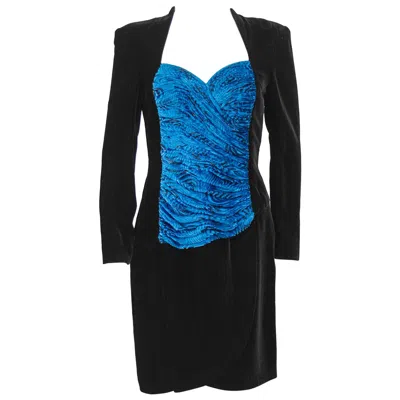 Pre-owned Vicky Tiel 1980s Black Velvet  Cocktail Dress With Royal Blue Bodice