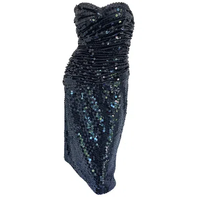 Pre-owned Vicky Tiel 1980s  Couture Black Vintage Silk Sequined Strapless Cocktail Dress