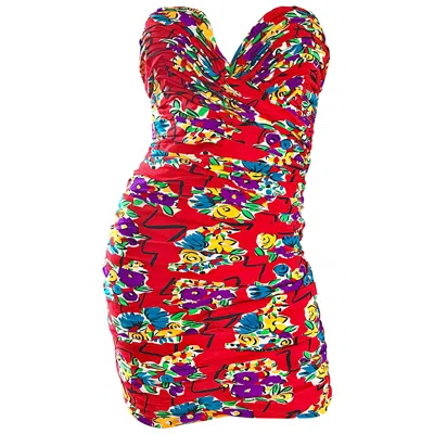 Pre-owned Vicky Tiel 1980s  Couture Red Silk Geometric Strapless Sexy Mini Dress Size 40