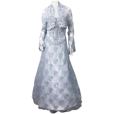 Pre-owned Vicky Tiel 1980s  Couture Size 12 / 46 Beaded Light Blue 80s Silk Gown + Bolero