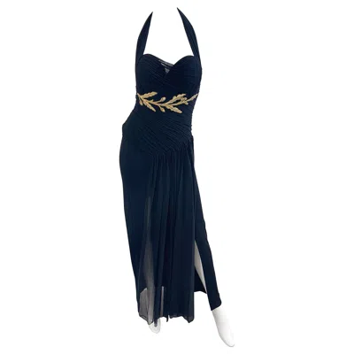 Pre-owned Vicky Tiel 1980s  Couture Size 40 / 8 Black Gold Embroidered Vintage Halter Gown