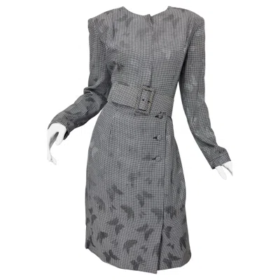 Pre-owned Vicky Tiel 1980s  Couture Sz 10 12 Black White Houndstooth Butterfly Silk Dress