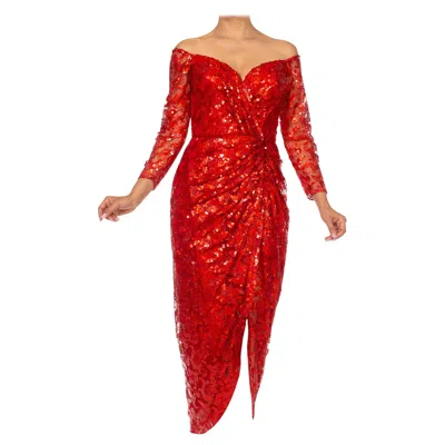 Pre-owned Vicky Tiel 1980s  Red Sequin Beaded Metallic Lace Strapless Cocktail Dress With