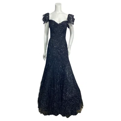 Pre-owned Vicky Tiel Black And Silver Tulle Lace Off The Shoulder Gown - 42