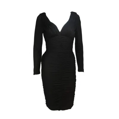 Pre-owned Vicky Tiel Black Long Sleeve Rouched Jersey Cocktail Dress Size 4-6