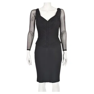 Pre-owned Vicky Tiel Couture 1980s Black Ruched Mesh Corseted Cocktail Dress, Paris, Xs/sm