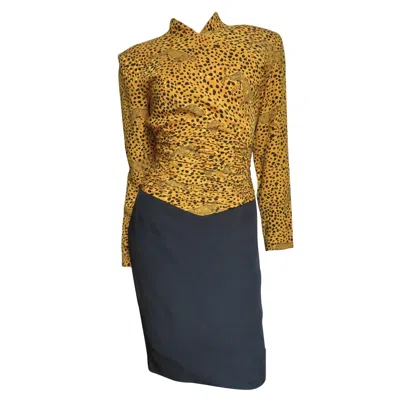 Pre-owned Vicky Tiel Couture Color Block Animal Print Silk Dress In Brown