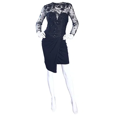 Pre-owned Vicky Tiel Couture Vintage Black Jersey + Lace + Sequins Sexy Asymmetrical Dress